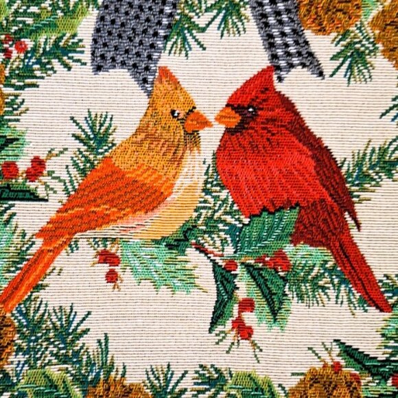 Vtg Double-sided Tapestry Bird Cover Winter Cardinal Fall Chickadee Satin Cord - Picture 2 of 5